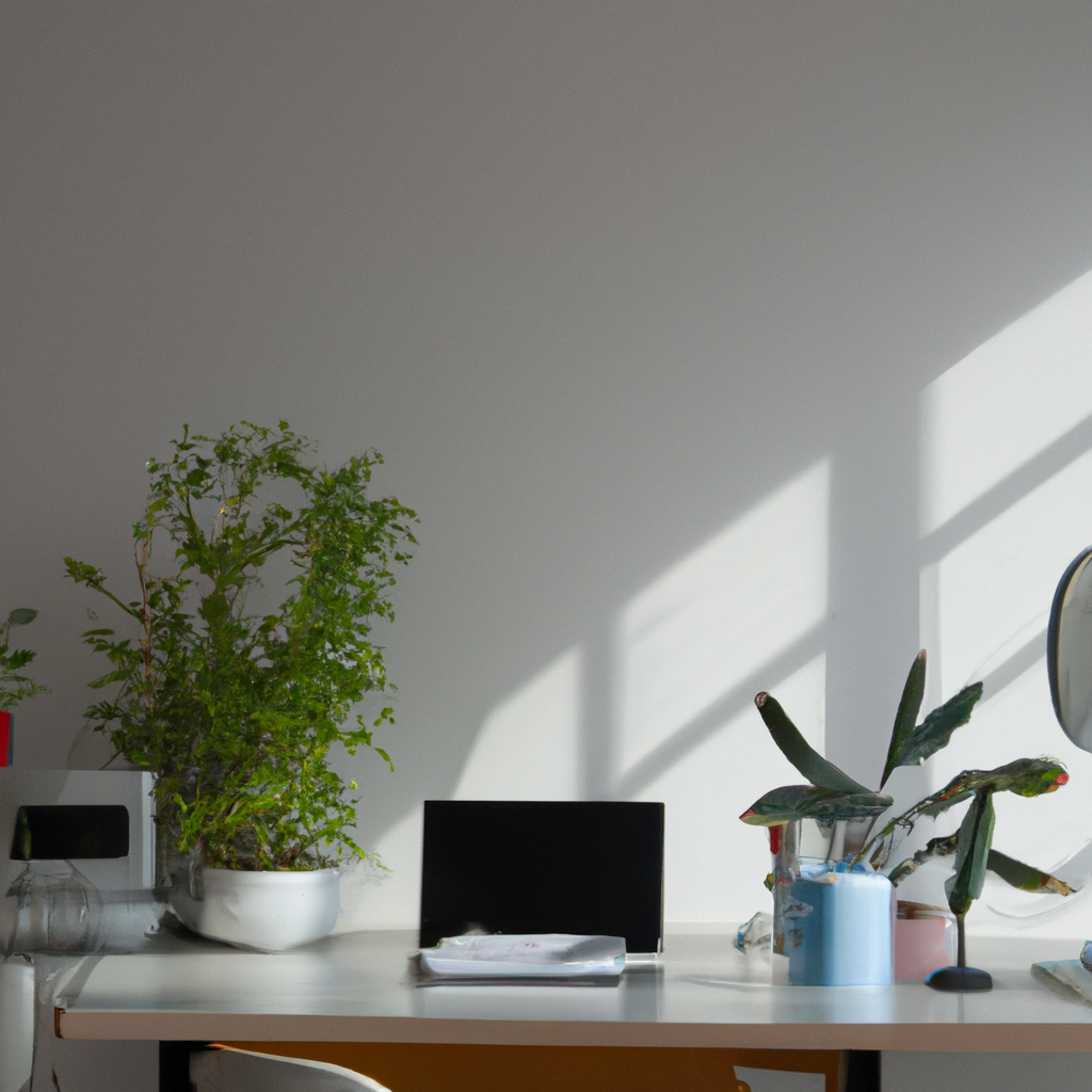 스튜디오 상담 코너, 화이트 책상과 식물, 따뜻한 자연광