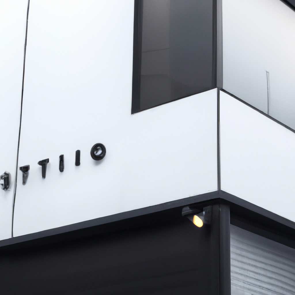 미니멀한 스튜디오 외관과 섬세한 간판, 낮의 반사광이 비치는 건축 파사드