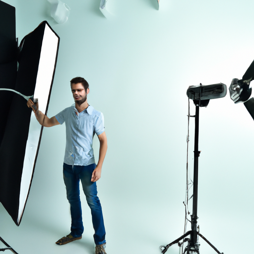 현대식 스튜디오에서 소프트박스를 조정하는 남성 라이팅 테크니션