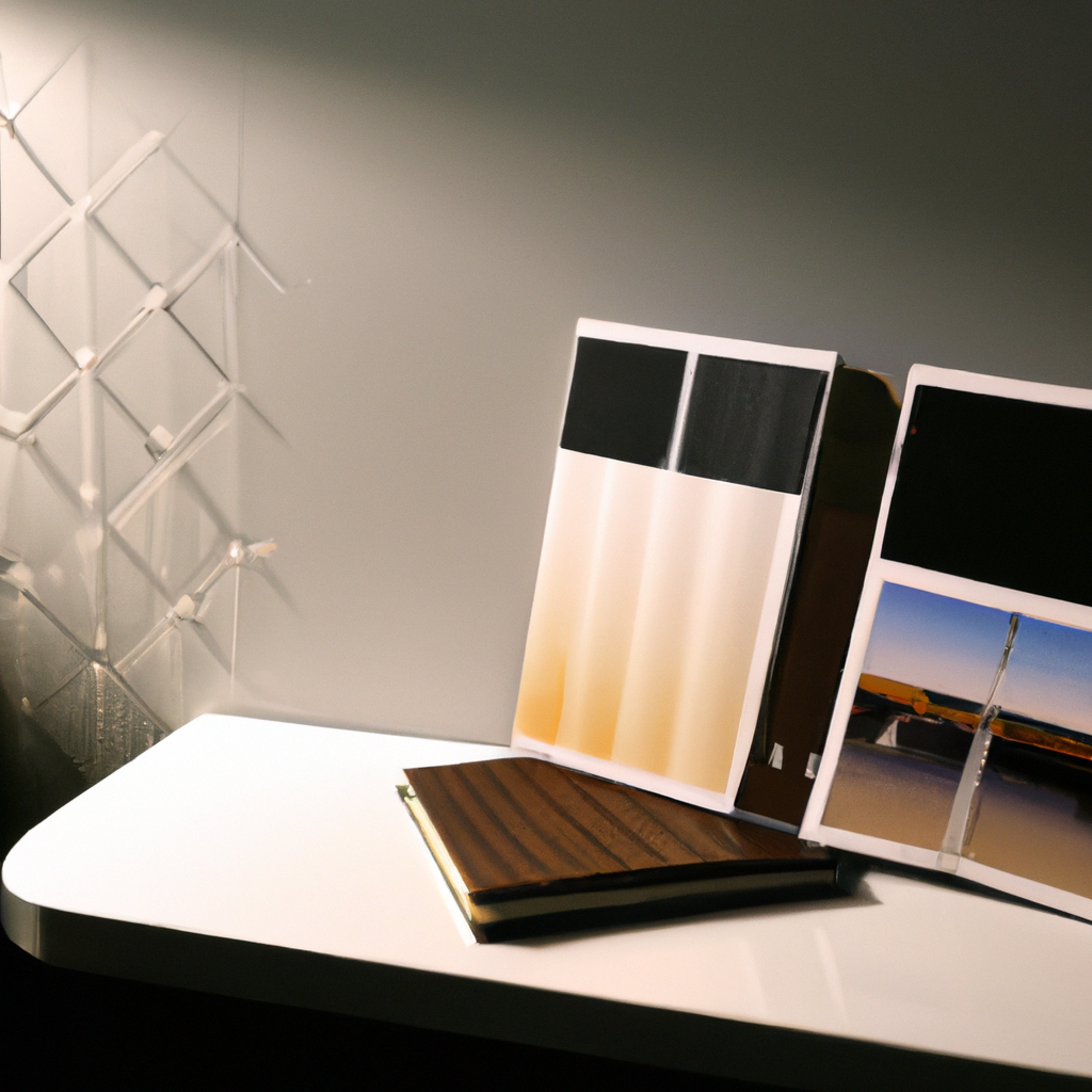 오크 테이블 위 프린트와 포토북 레이아웃, 미니멀 한국 디자인