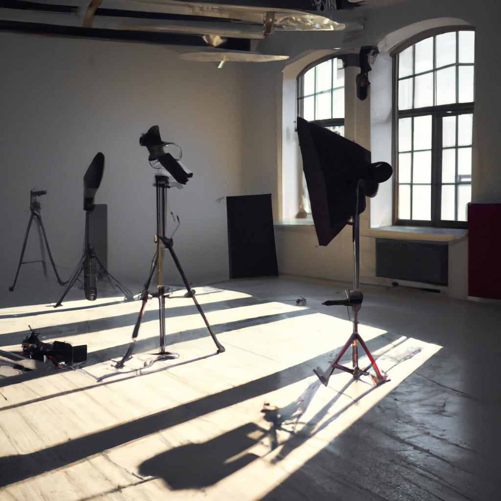 자연광이 쏟아지는 미니멀 사진 스튜디오의 전경, 큰 창과 부드러운 그림자, 삼각대 위의 카메라, 우드 소품이 조화를 이루는 모습